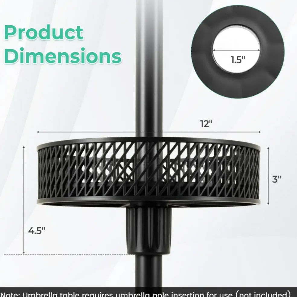 Black Patio Umbrella Table Tray with 3 Adapters for 1.26-1.5" Poles