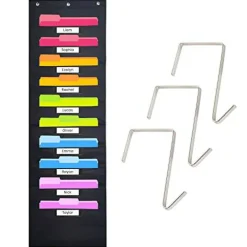 Black Pocket Chart for Classroom - 10 Pocket Storage Rainbow Pocket Charts , 3 Over Door Hangers Included, Hanging Wall File Organizer for File Folders, School Mailbox, Home/Office Papers