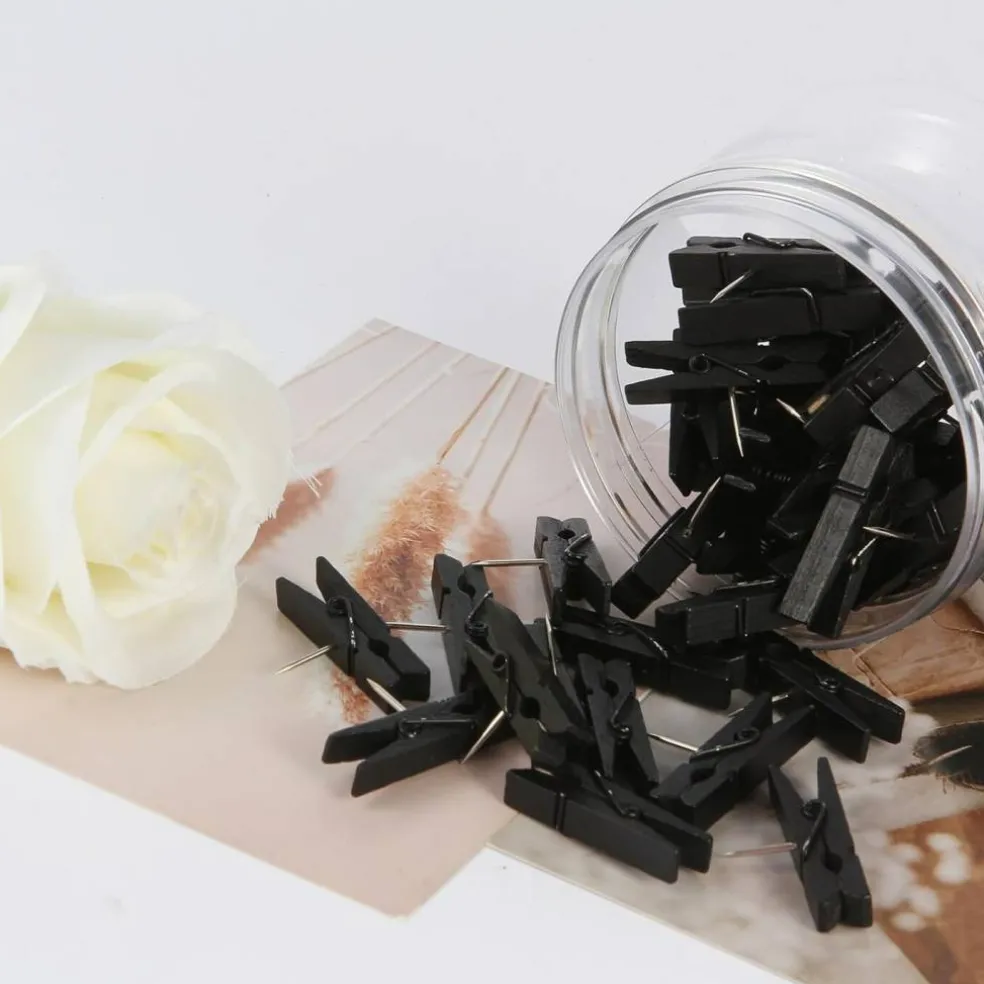 50 black push pins with spring-loaded wooden clips damage-free cork board tacks for photos notes and artwork