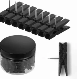 50 black push pins with spring-loaded wooden clips damage-free cork board tacks for photos notes and artwork