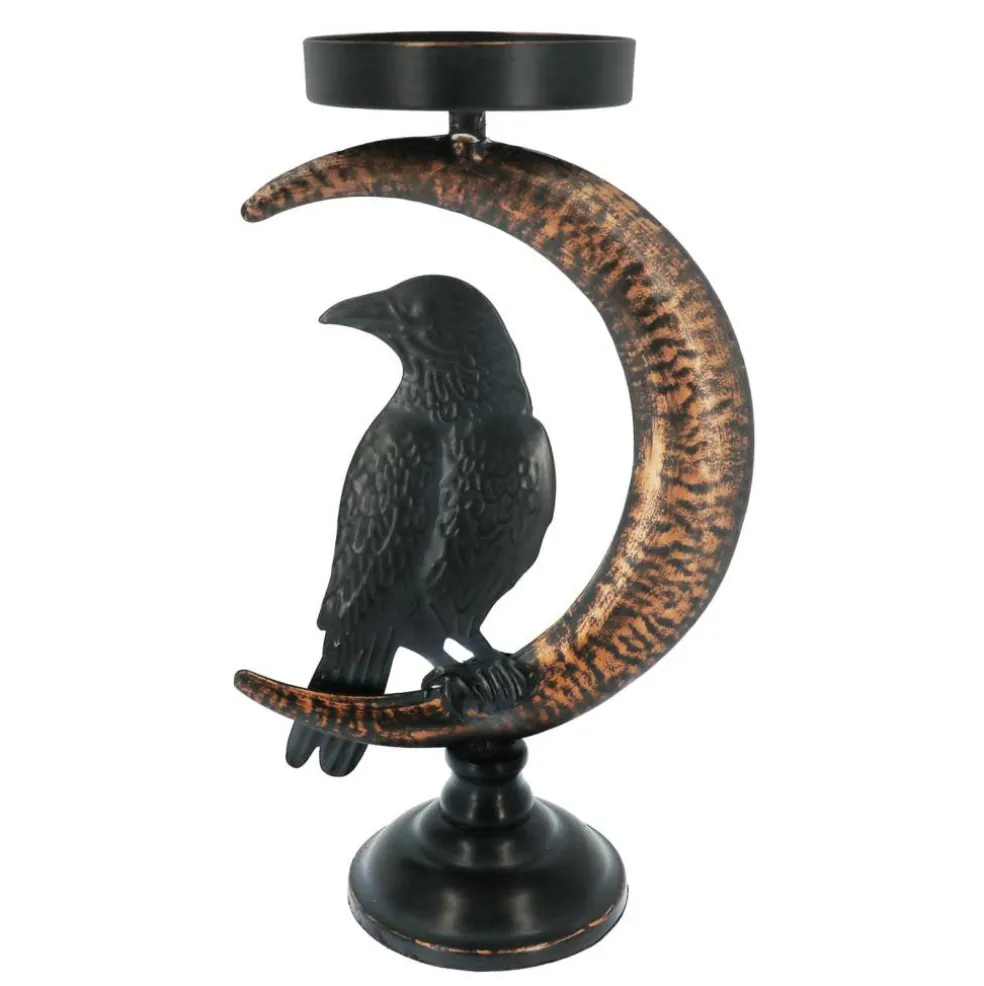 9.5" Black Raven in Moon Metal Pillar Candle Holder by Ashland®