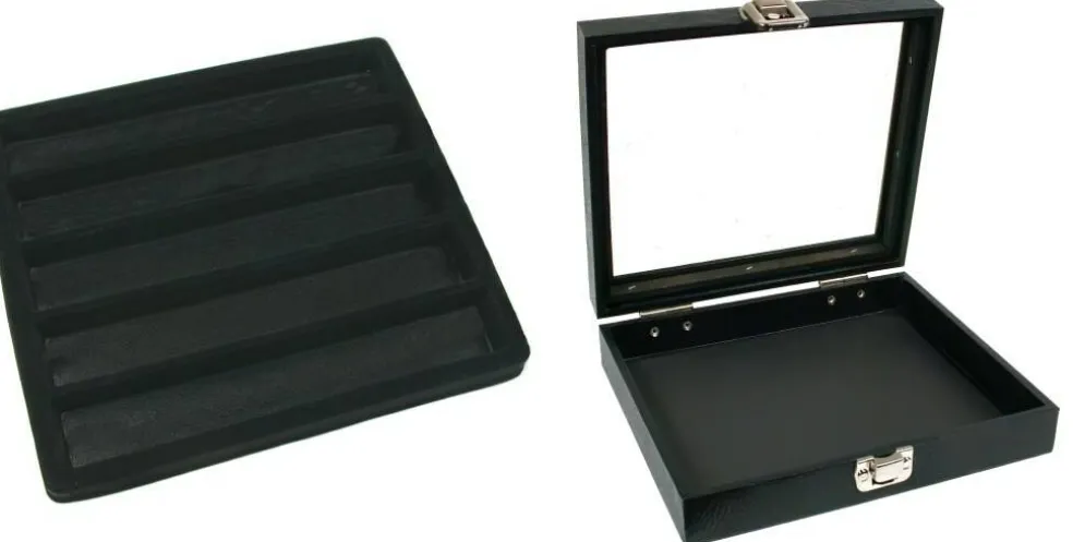 Black Sqaure Glass-top Case (Single Metal Latch) w/ Black 5-slot Plastic Tray