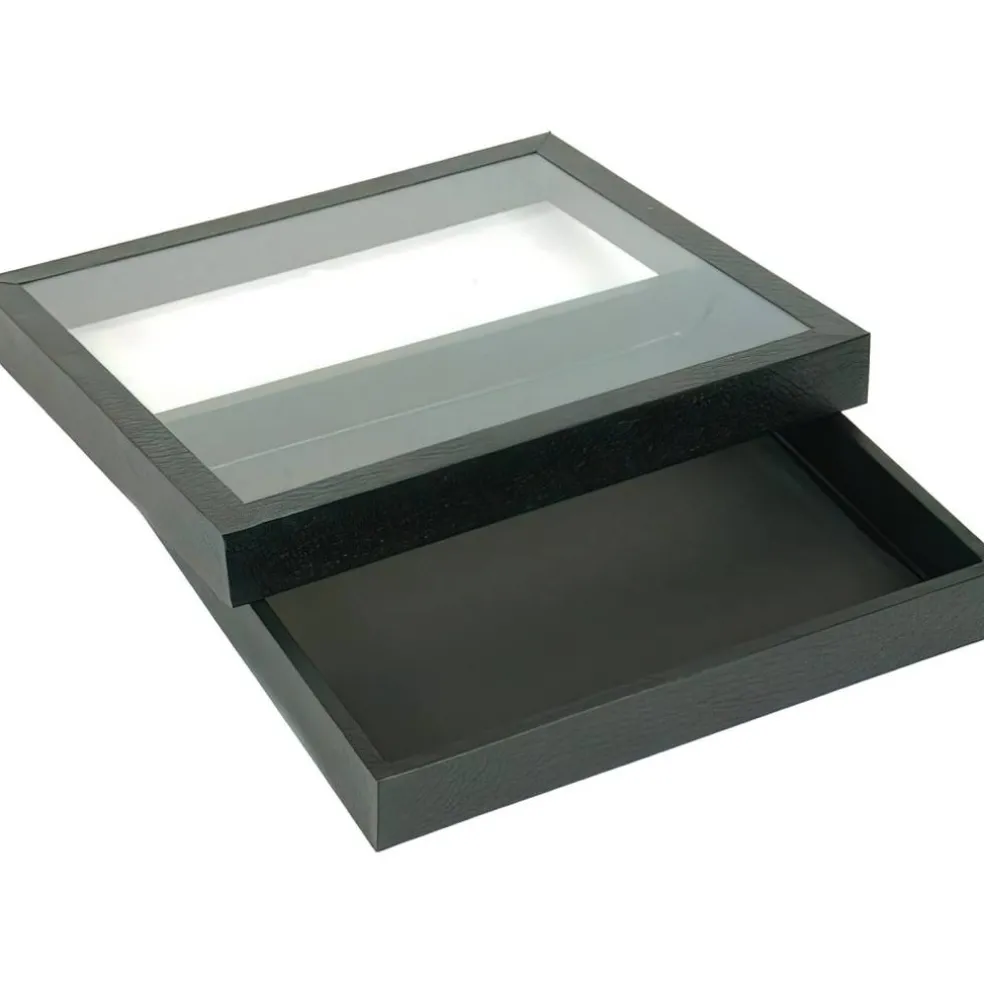 Black Square Display Case (Glass-top Removable Lid) w/ Gray 16-slot Plastic Tray