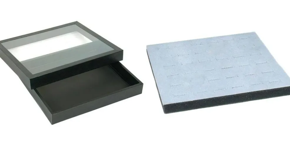 Black Square Display Case (Glass-top Removable Lid) w/ Gray 36-slot Foam Insert
