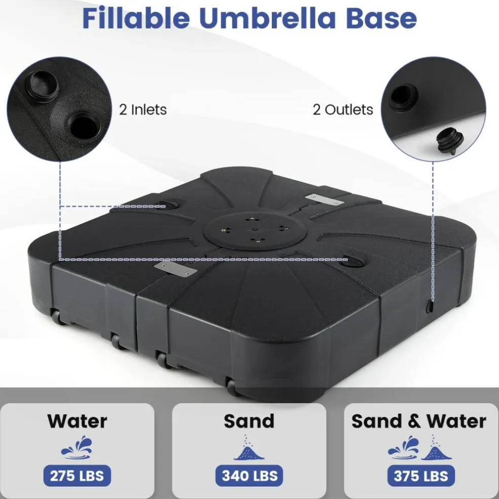 Black Square Offset Patio Umbrella Base Water and Sand Fillable Design