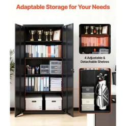 Black Steel Storage Cabinet 68.9 in Lockable with 4 Adjustable Shelves