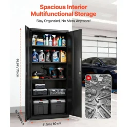 Black Steel Storage Cabinet 68.9 in Lockable with 4 Adjustable Shelves