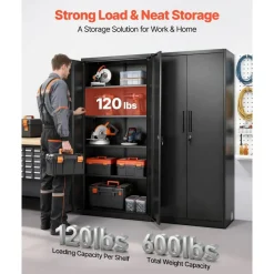 Black Steel Storage Cabinet 68.9 in Lockable with 4 Adjustable Shelves