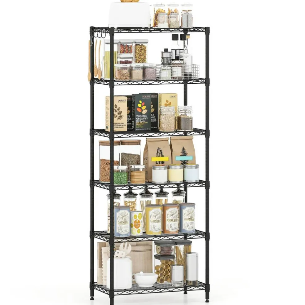Black 6-Tier Heavy Duty Metal Wire Shelving Unit, Adjustable Storage Rack with 900 LBS Capacity and 4 Hooks