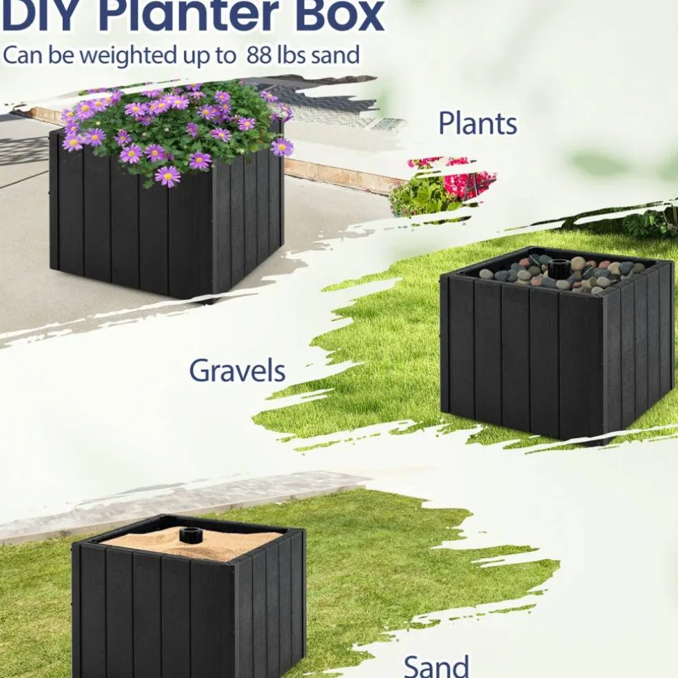 Black Umbrella Base with Planter Box, Metal Pole, Rolling Wheels and Adjustable Fit