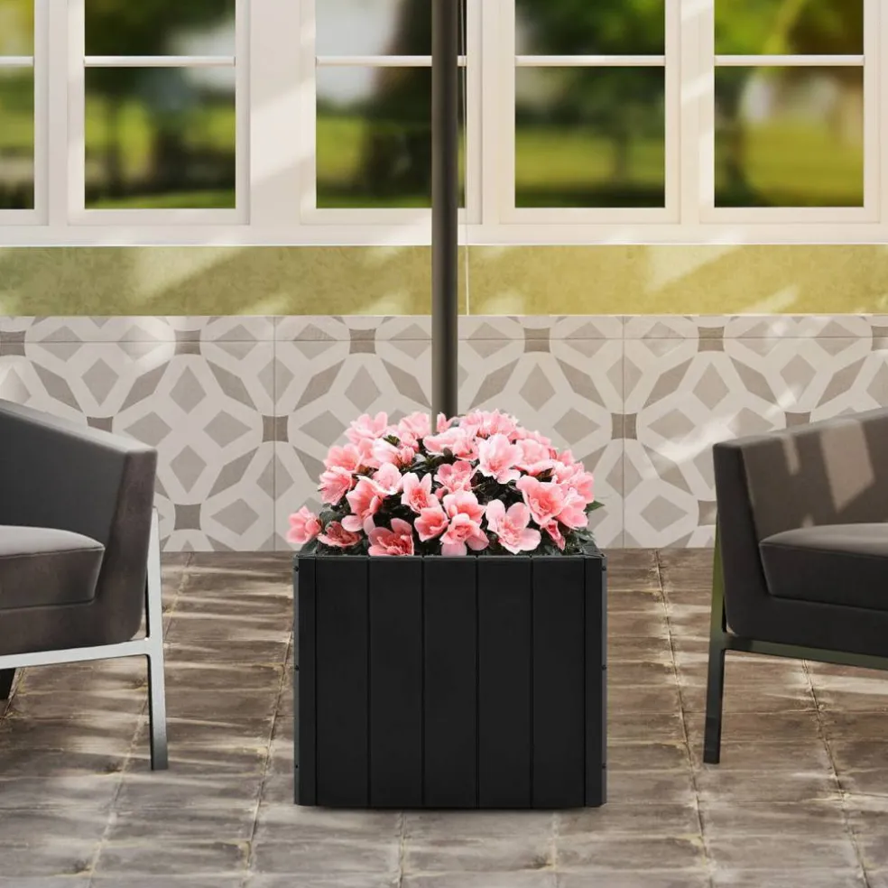 Black Umbrella Base with Planter Box, Metal Pole, Rolling Wheels and Adjustable Fit