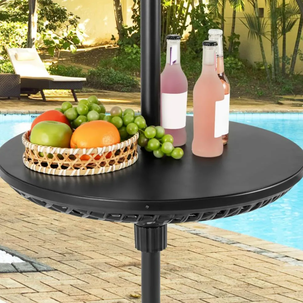 Black Umbrella Table Tray with 3 Adapters Fits Multiple Pole Sizes Portable