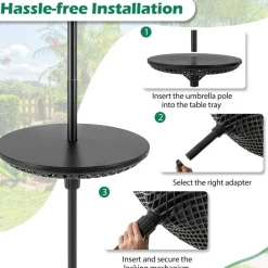 Black Umbrella Table Tray with 3 Adapters Fits Multiple Pole Sizes Portable
