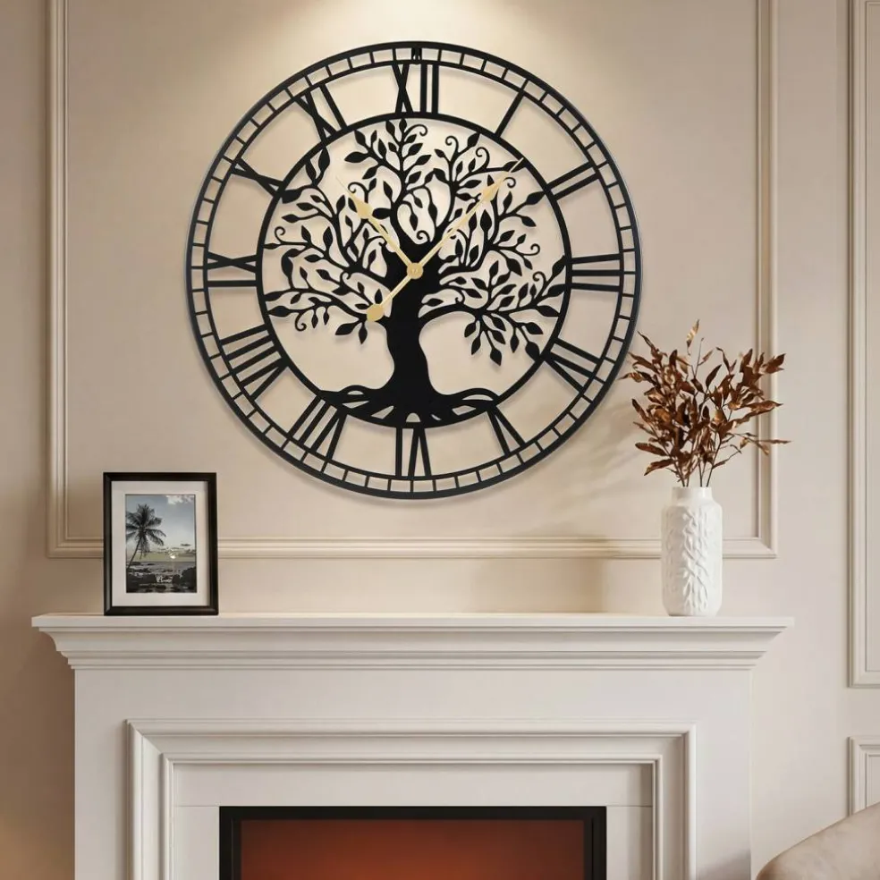 Black Wall Clock Tree of Life Non-Ticking Metal Decorative 27 Inch