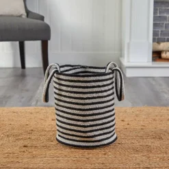 13'' Black & White Striped Natural Cotton & Jute Basket Planter