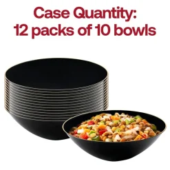 Black with Gold Rim Organic Round Disposable Plastic Soup Bowls - 16 oz. (120 Bowls)