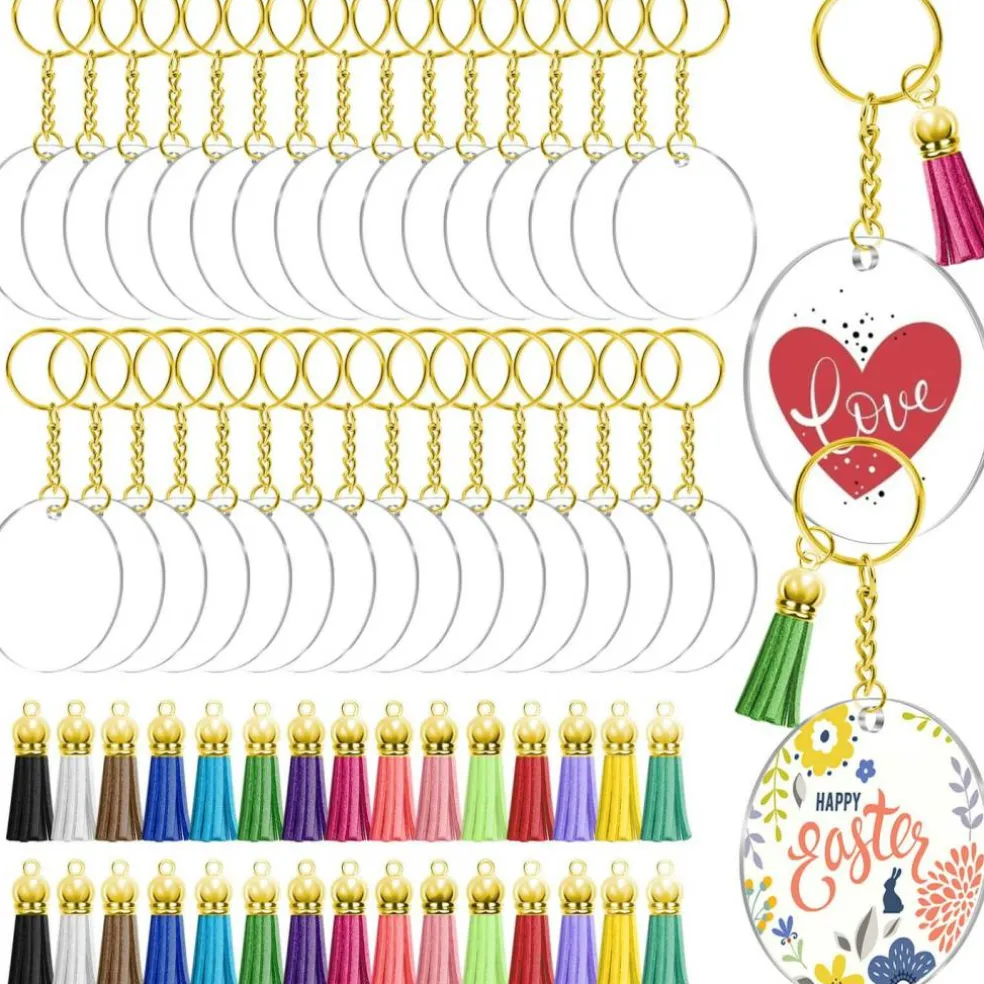 Blank Keychain Set, 120pcs Including Acrylic Discs, Tassels, Gold Keychains and Jump Rings for DIY Craft Kit