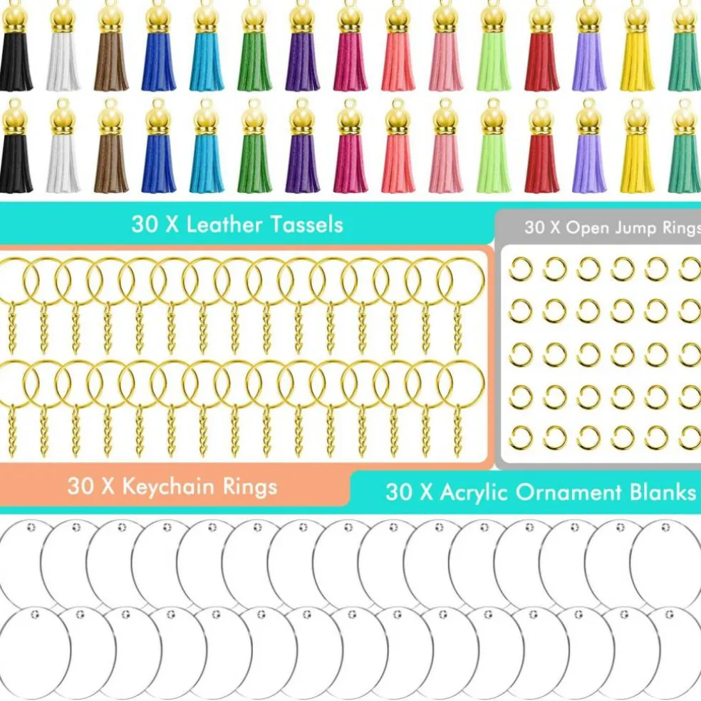 Blank Keychain Set, 120pcs Including Acrylic Discs, Tassels, Gold Keychains and Jump Rings for DIY Craft Kit