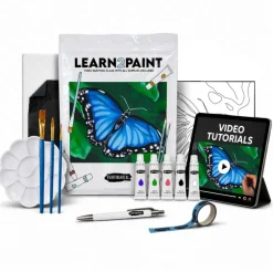 Blue Butterfly Paint by Video Class Kit for Adults with Video Tutorials, Learn to Paint Blue Butterfly, How to Paint with Acrylic Paint Sets for Adult, 9 Peices Art Set & Painting Supplies Gifts for Mom