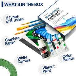Blue Butterfly Paint by Video Class Kit for Adults with Video Tutorials, Learn to Paint Blue Butterfly, How to Paint with Acrylic Paint Sets for Adult, 9 Peices Art Set & Painting Supplies Gifts for Mom