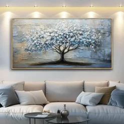 Blue Grey Tree Wall Art 20x40 Inch, Abstract Framed Canvas Painting for Living Room Bedroom Office, Modern Nature Wall Decor with Wood Frame for Home Restaurant Decoration