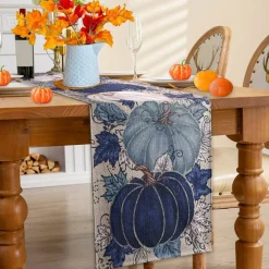 Blue Vintage Pumpkin Fall Thanksgiving Table Runner – 13×72 Inch Autumn Maple Leaf Harvest Farmhouse Kitchen Dining Table Decor for Seasonal Home & Party Decoration