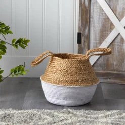 12" Boho Chic Handmade Cotton & Jute White Woven Basket Planter