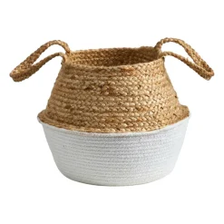 12" Boho Chic Handmade Cotton & Jute White Woven Basket Planter