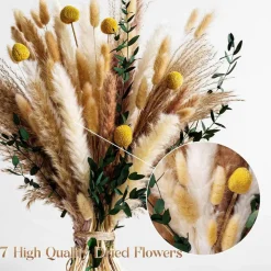 Boho Dried Flowers Bouquet – Olive Green Pampas Grass & Eucalyptus Arrangement for Rustic Farmhouse & Moody Home Decor