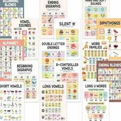 15 Boho Phonics Posters for Classroom, ESL & First Grade Reading Charts, 11x17 Matte Laminated Educational Vowel & Blends Wall Decor for Elementary, Homeschool & Bulletin Boards