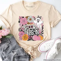 Boho Spooky Season Ghost T-Shirt, Cute Halloween Tee with Fall Pumpkins