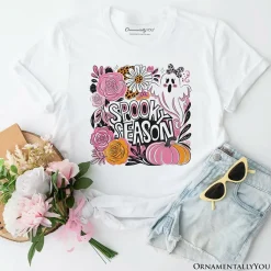 Boho Spooky Season Ghost T-Shirt, Cute Halloween Tee with Fall Pumpkins