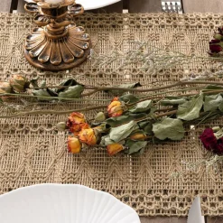 Boho Table Runner Fall Thanksgiving Farmhouse Burlap Jute Bamboo Rustic Dining Kitchen Centerpiece Decor Small Macrame Woven Coffee Table Runner for Dresser Scarf Home Decor 12x36 inch