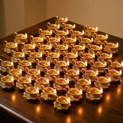 Brass Finish Lotus Diya - Lightweight Aluminum Oil Lamp for Home Pooja Room, Indian Mandir Decor, Diwali & Housewarming Return Gifts