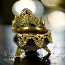 Brass Urli Bowl Elephant Design 6.5 Inch Indian Ethnic Urli Bowls for Floating Flowers Tea Light Candles Home Office Table Pooja Room Decor Diwali Decoration Showpiece Housewarming Gift