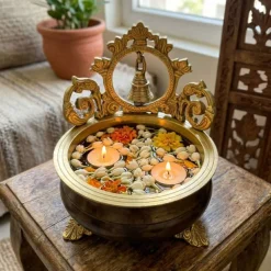 Brass Urli Bowl with Bell 7 Inch Indian Ethnic Urli Bowls for Floating Flowers Tea Light Candles Home Office Table Pooja Room Decor Diwali Decoration Showpiece Housewarming Gift