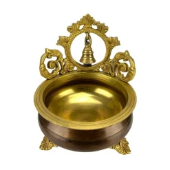Brass Urli Bowl with Bell 7 Inch Indian Ethnic Urli Bowls for Floating Flowers Tea Light Candles Home Office Table Pooja Room Decor Diwali Decoration Showpiece Housewarming Gift