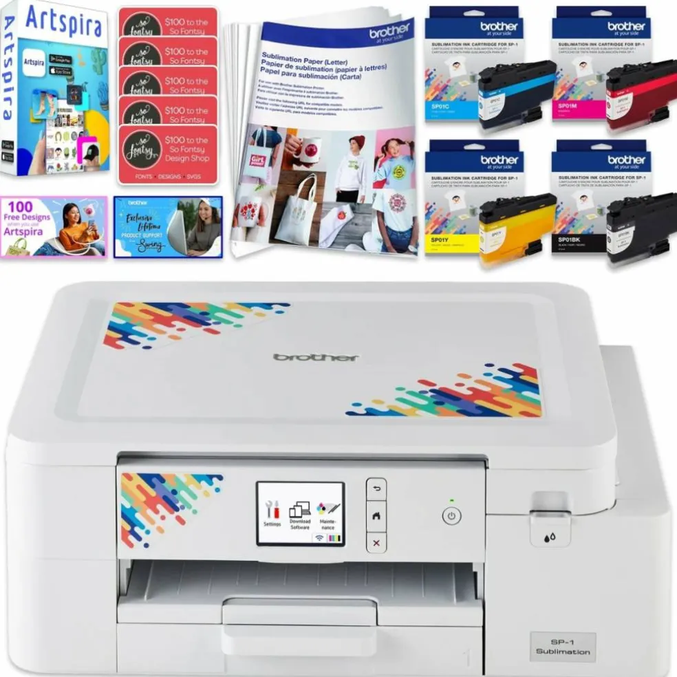 Brother SP-1 Sublimation Printer, Inks, Paper, Blanks, Tape Starter Bundle