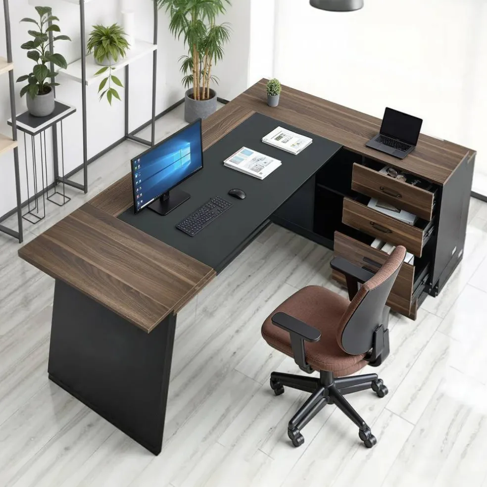 Brown Black L-Shaped Executive Desk with Storage Drawers and Cabinet
