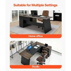 Brown Black L-Shaped Executive Desk with Storage Drawers and Cabinet