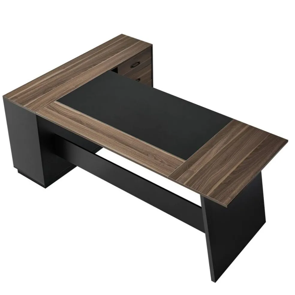 Brown Black L-Shaped Executive Desk with Storage Drawers and Cabinet