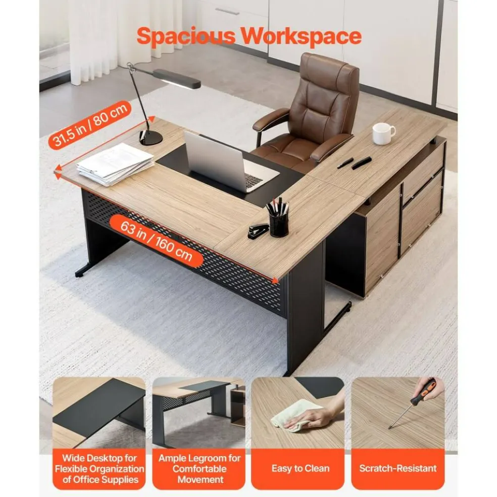 Brown Engineered Wood Reversible Executive Desk with Drawers and Storage