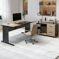 Brown Engineered Wood Reversible Executive Desk with Drawers and Storage