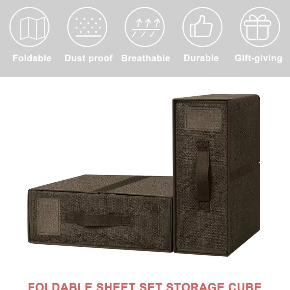 Brown Fabric Foldable Closet Organizer Boxes, 2-Size Set with Handles