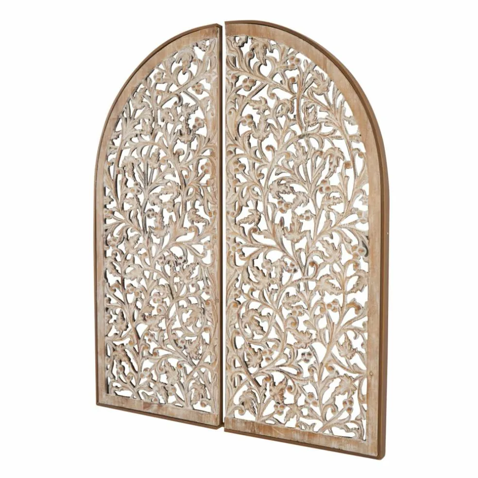 Brown Handmade Floral Carved Arched Wall Décor, 2ct.