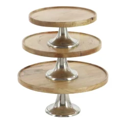 Brown Mango Wood & Metal Cake Stand Set