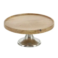 Brown Mango Wood & Metal Cake Stand Set