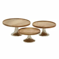 Brown Mango Wood & Metal Cake Stand Set