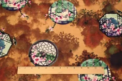 Brown-Mint Green-Multi Cherry Blossom Window Printed Linen Woven Fabric By the Yard