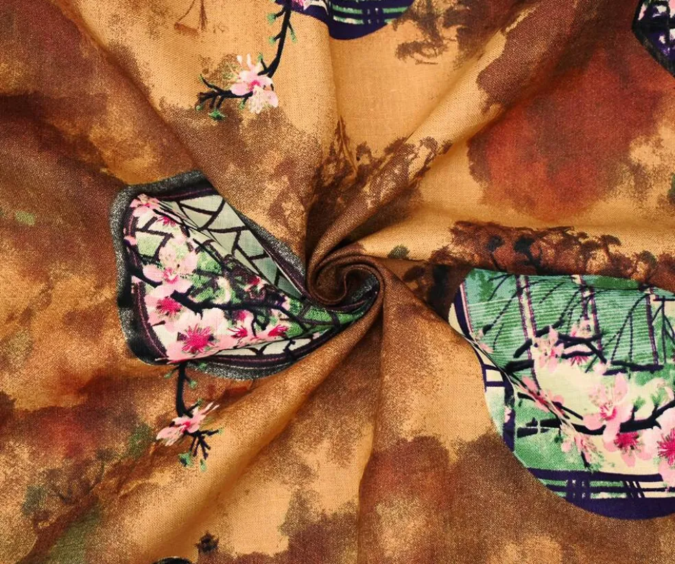 Brown-Mint Green-Multi Cherry Blossom Window Printed Linen Woven Fabric By the Yard